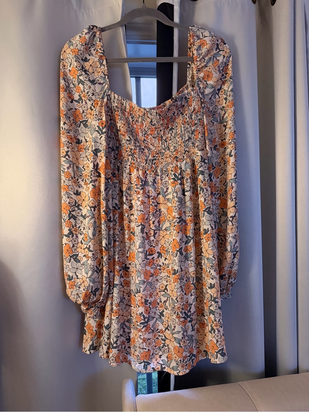 CUPSHE Floral Smocked Square-Neck Women's Dress in Orange and Cream